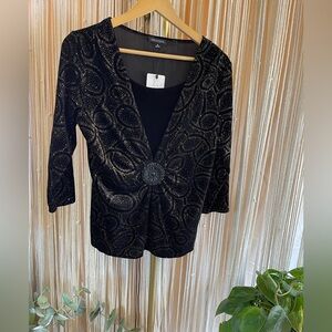 90s Y2K Notations Black & Gold sparkle velvet top/faux cardigan set